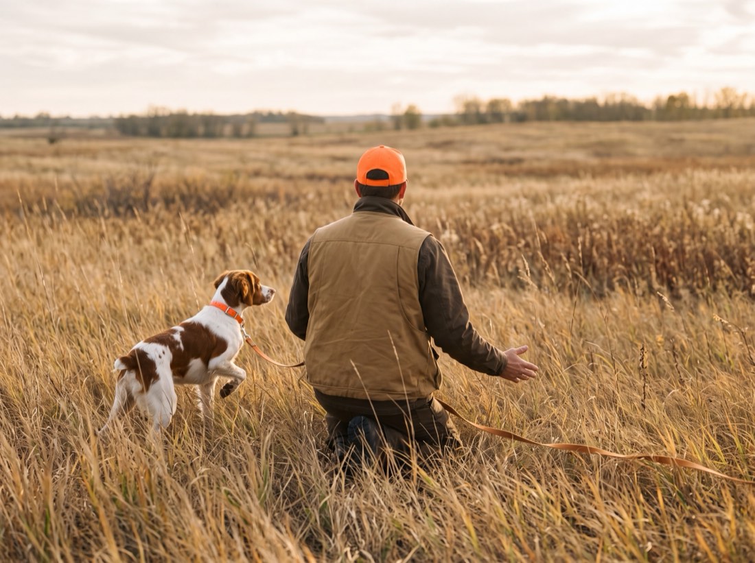 A trainer working a young dog on a check cord