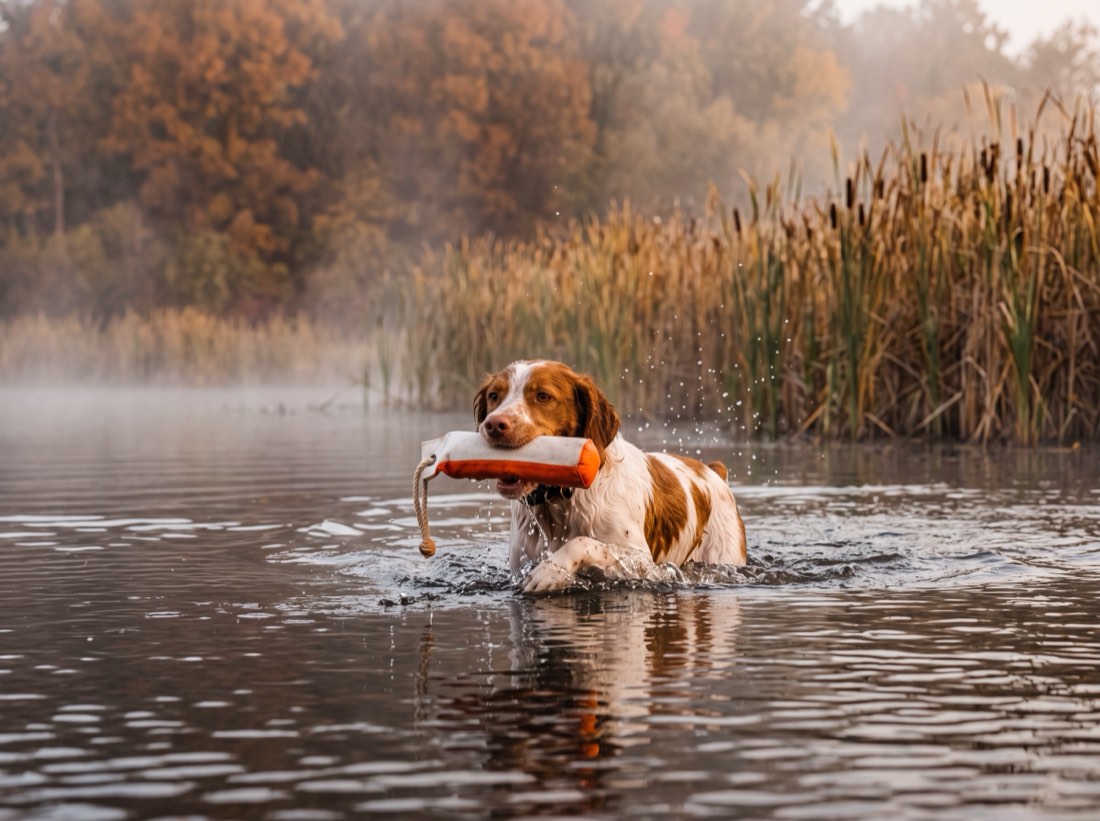 A young Brittany's water retrieve